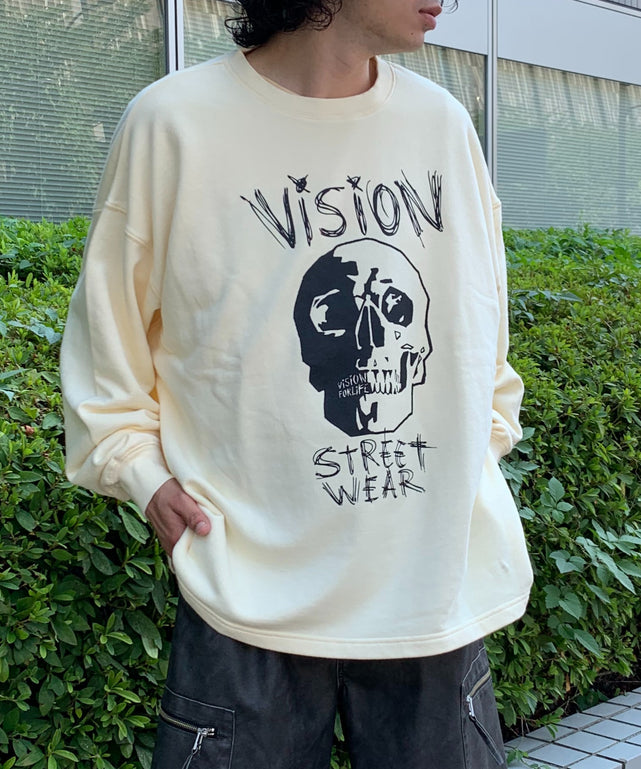 VISION スカルBIGプルオーバー/オフホワイト モデル:175cm Lサイズ着用