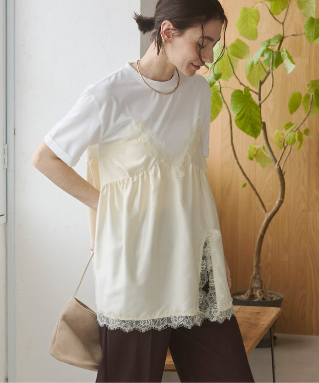 サテンレースドッキングレイヤードトップス/model:168cm 着用サイズ:F 
