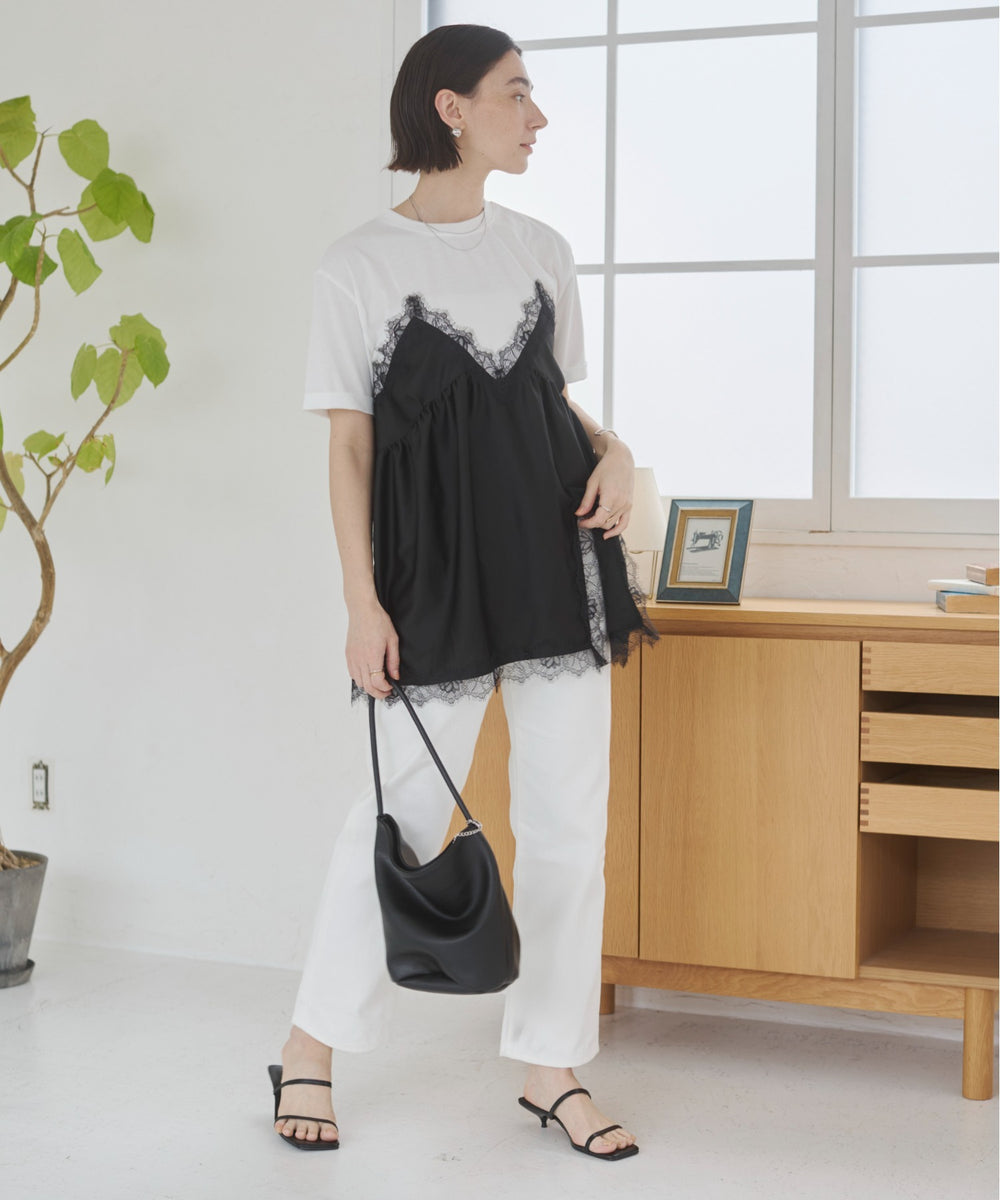 サテンレースドッキングレイヤードトップス