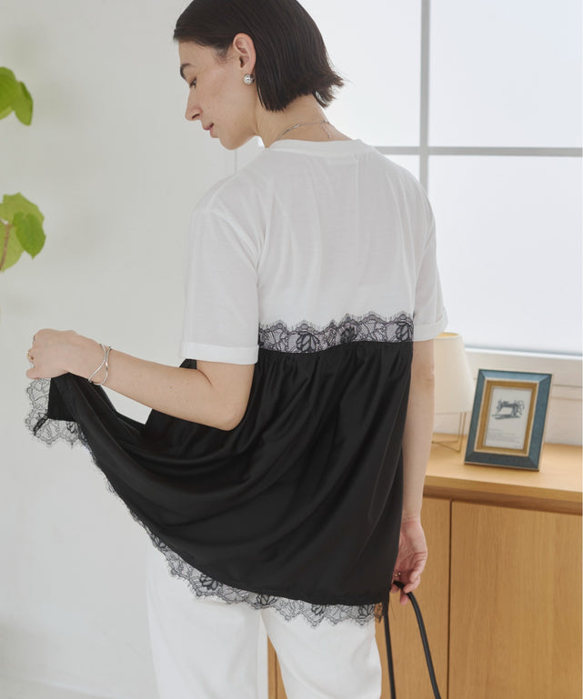 サテンレースドッキングレイヤードトップス