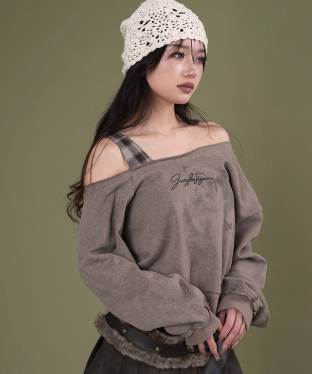 チェックワンショルダースウェット/ブラウン モデル：163cm F着用