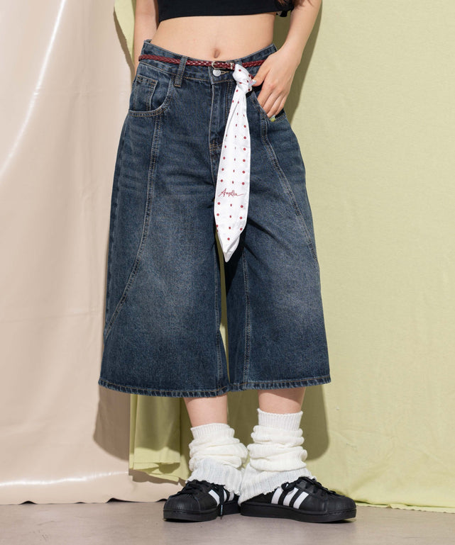 スカーフ付きワイドデニムハーフパンツ/デニム中濃 モデル：160cm F着用