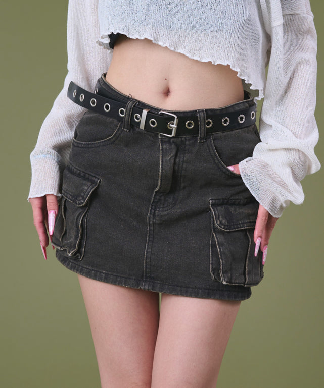 ハトメベルトカーゴデニムスカパン/ブラック モデル：163cm S着用