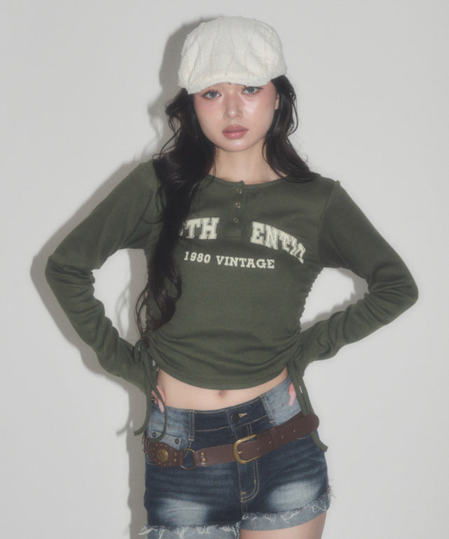 ヘンリーサイドドロストLS Tシャツ/カーキ モデル：163cm F着用