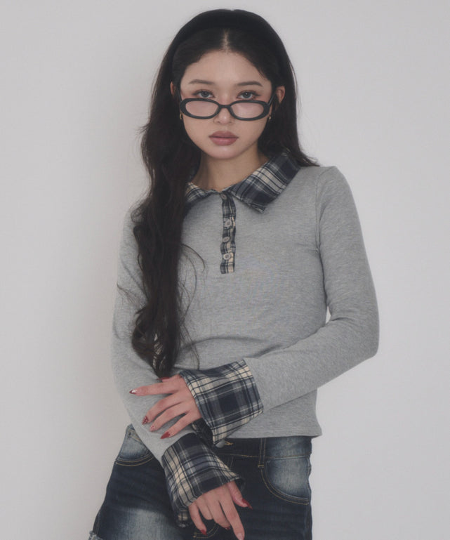 チェックヘンリーネックTOP/杢グレー モデル：163cm F着用
