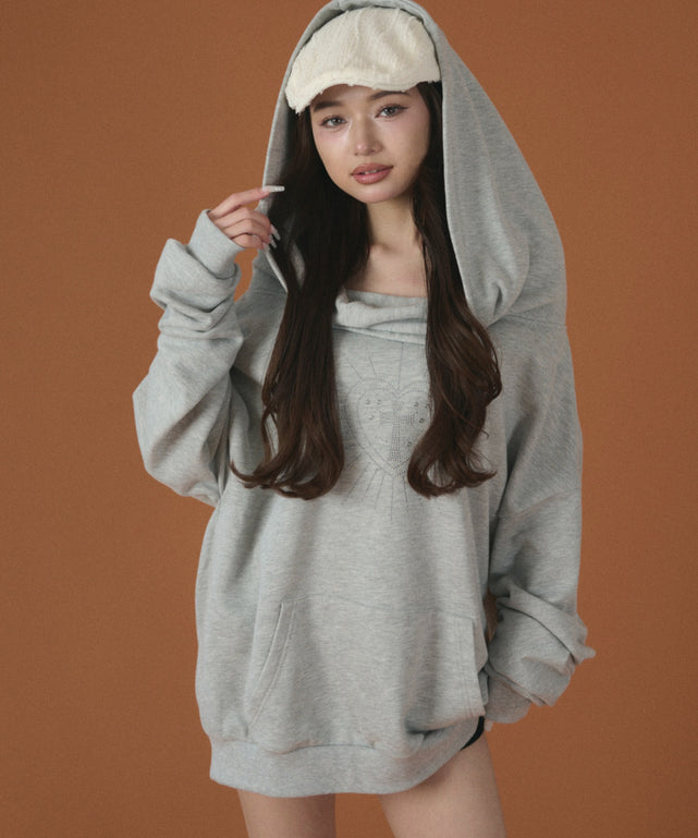 オフショルフードスウェット/杢グレー モデル：163cm F着用