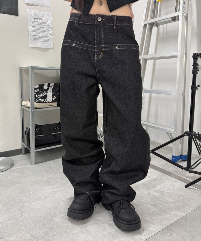ステッチペインターバギーデニム/ブラック モデル：159cm S着用