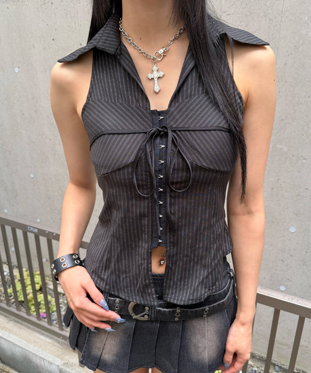 マルチホックストライプシャツ/ブラック モデル:168cm  F着用