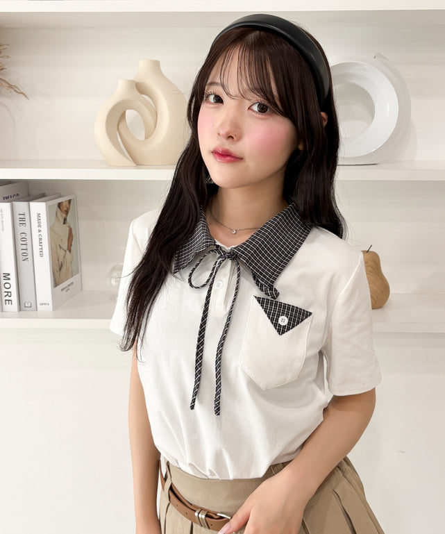 チェックキリカエリボンタイTシャツ/ホワイト モデル：155cm F着用