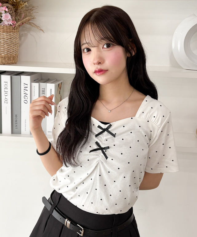 ダブルリボンドットTシャツ/ホワイト モデル：155cm F着用