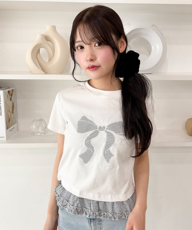 フリルヘムパッチワークTシャツ/ホワイト モデル：155cm F着用