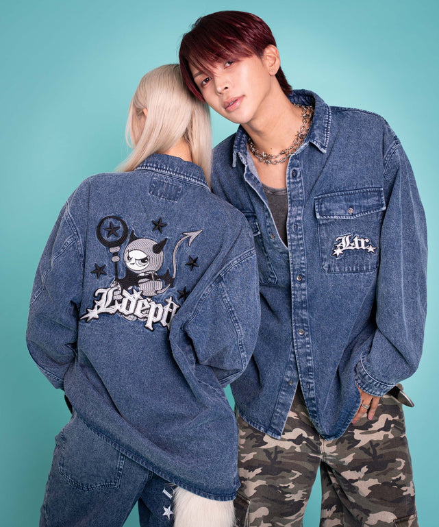 グラフィックデニムシャツ（LS）/デニム中濃加工