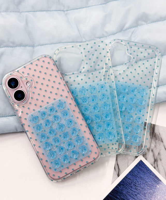 ラメ吸盤付きクリアドットiphoneケース(サックス)