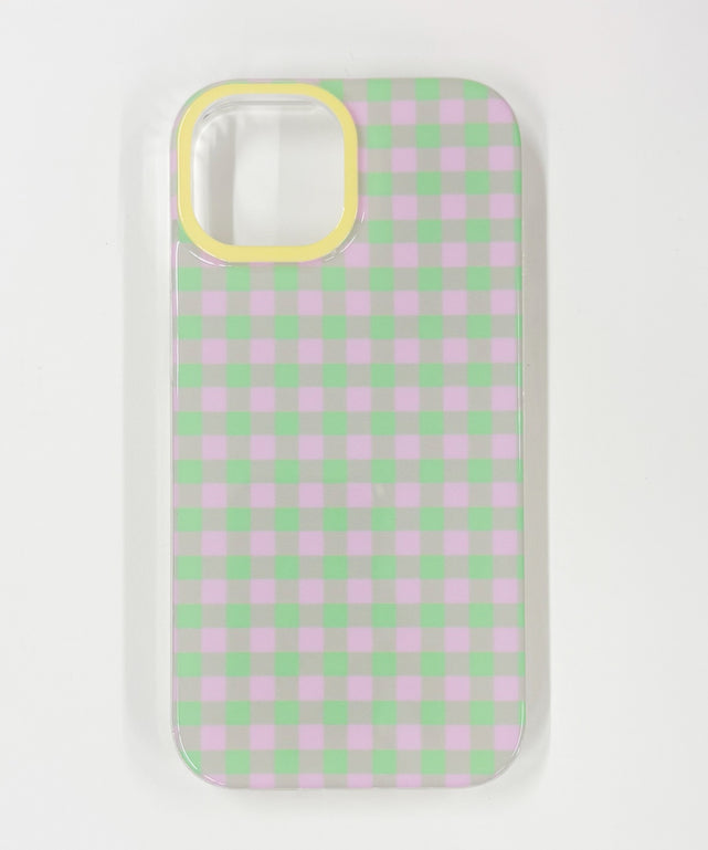 チェックiphoneケース（グリーン）/柄1(iPhone15)