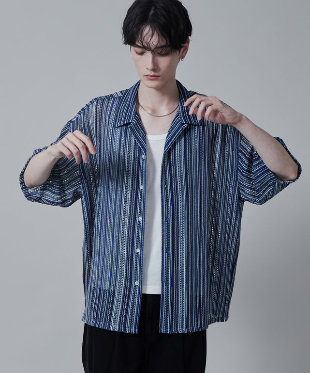ストライプメッシュBIGシャツ（S）/柄3 モデル：180cm L着用