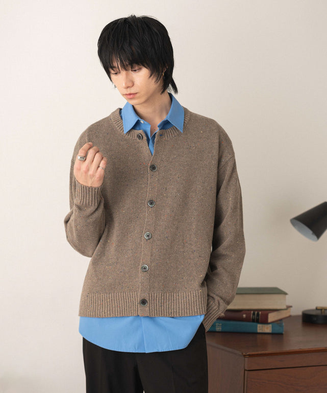 ネップクルーネックカーディガン/Lブラウン モデル：180cm L着用