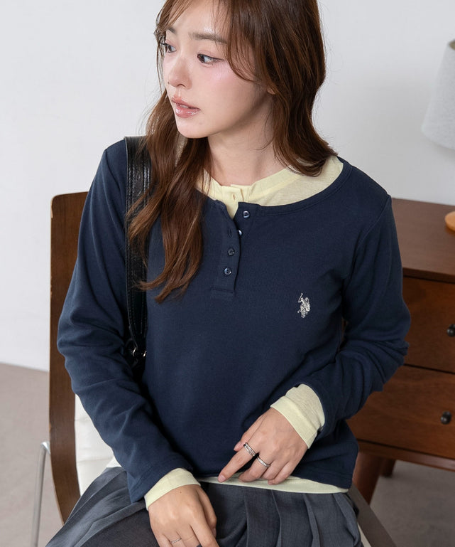 U.S.POLO ASSN.別注 ヘンリーシアーレイヤードトップス/ネイビー　モデル：165cm F着用