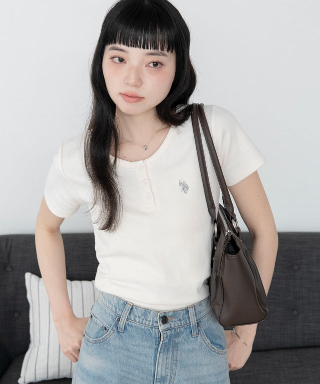 別注USPOLOヘンリーネックT/ホワイトアイボリー　モデル：164cm F着用