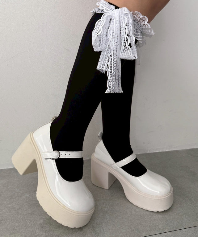 リボンレースハイソックス(23-25cm)/ブラック