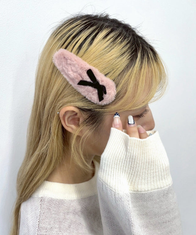 Lベロアリボン付ファーヘアピン/Lピンク