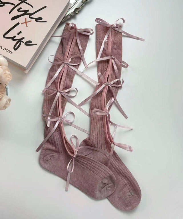 リボンデザインラメハイソックス(23-25cm)/ピンク