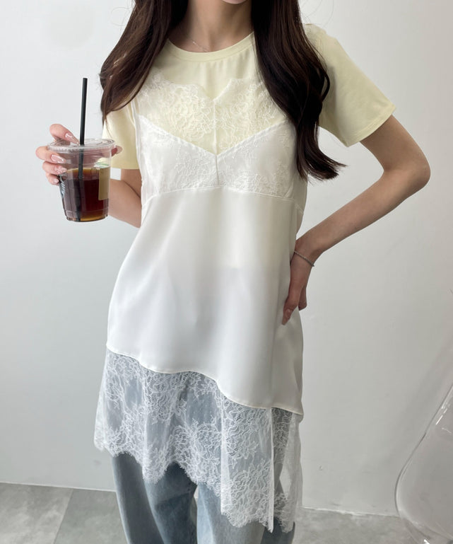 レース切替サテンキャミ/ホワイトソノタ　モデル：160cm F着用