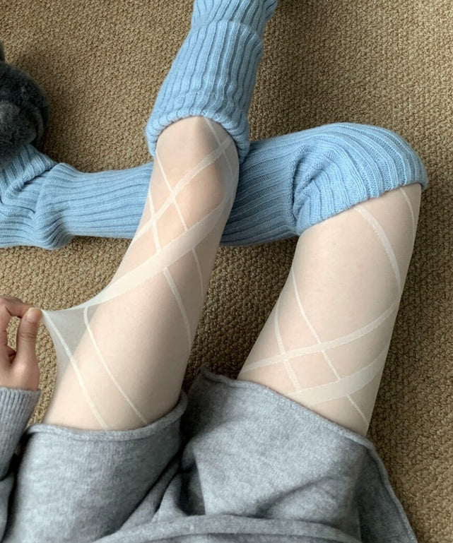 チェック柄シアータイツ/ホワイト