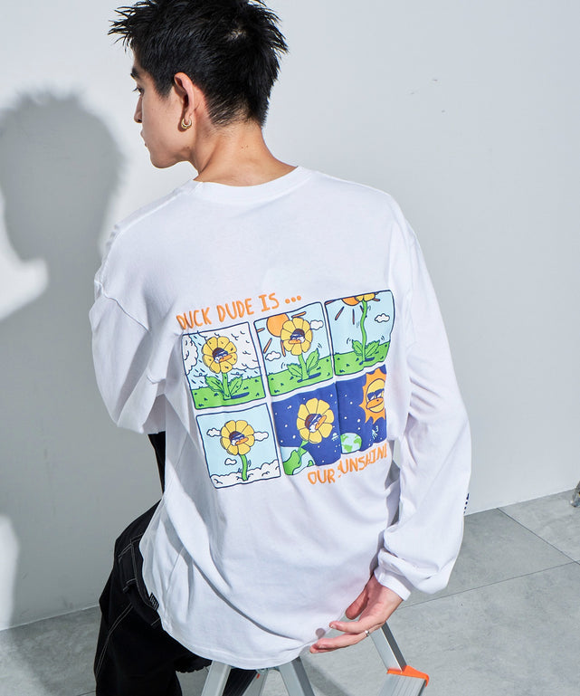 DUCKDUDE　SUNFLOWER　L／S　TEE/ホワイト モデル：180cm L着用