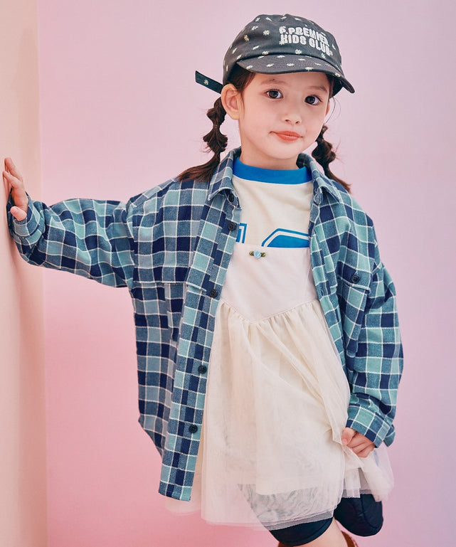 【kids】 フランネルチェックオーバーシルエットシャツ/ブルーチェック1 モデル:107cm 110サイズ着用