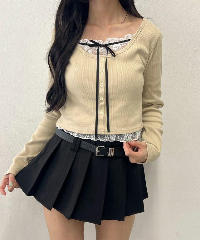 レースレイヤードリボントップス/ベージュ モデル：158㎝ F着用