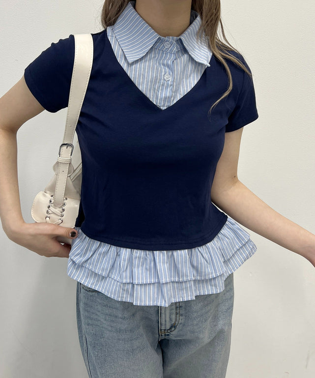 シャツドッキングTシャツ/ネイビー モデル：160㎝ F着用