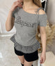 チェックパッチオフショルフリルTシャツ/グレー モデル：160㎝ F着用