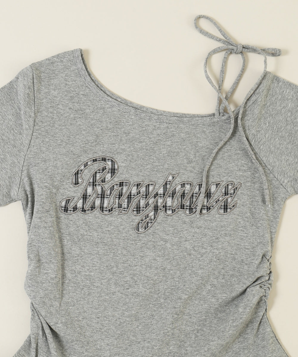 チェックパッチオフショルフリルTシャツ