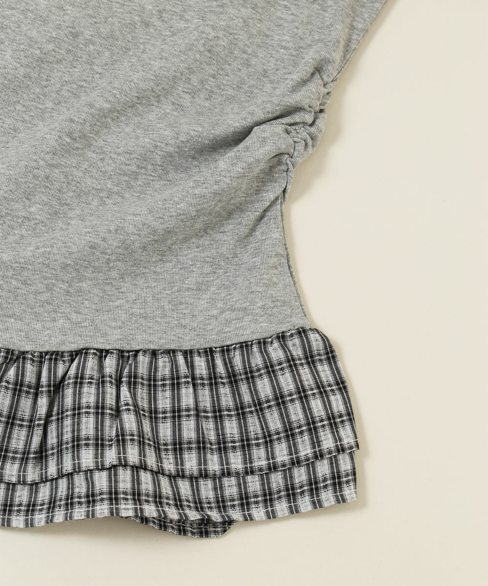 チェックパッチオフショルフリルTシャツ