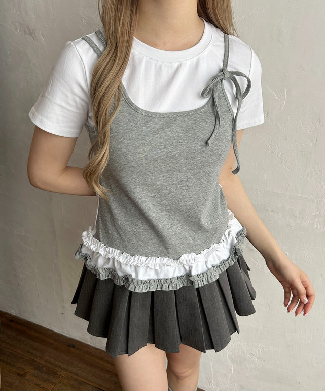 フリルキャミドッキングTシャツ/グレー モデル：160㎝ F着用