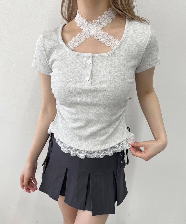 レースチョーカードッキングTシャツ/グレー モデル：160㎝ F着用