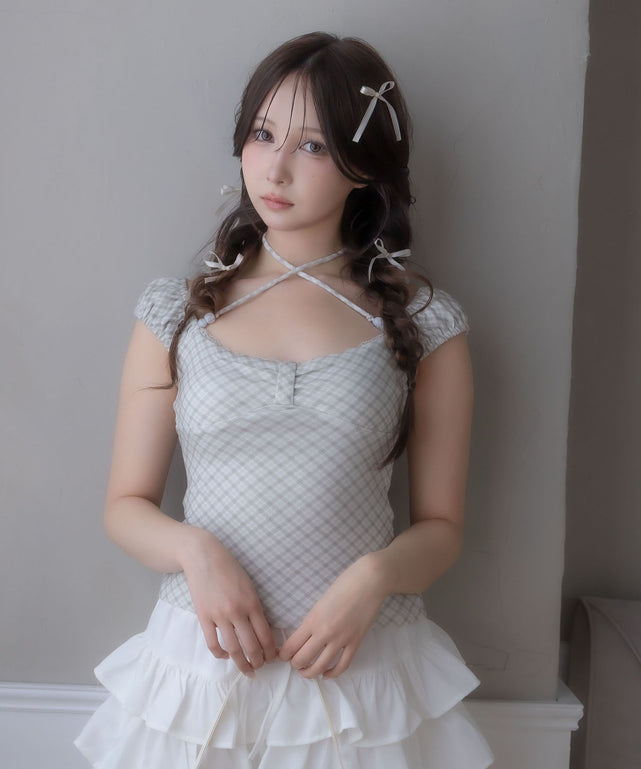 チェックフロントリボントップス/ホワイトアイボリー モデル：169㎝ F着用