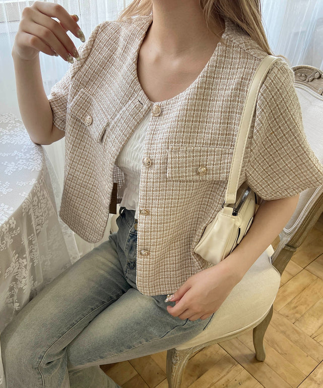 半袖ツイードジャケット/ベージュ モデル：160㎝ F着用