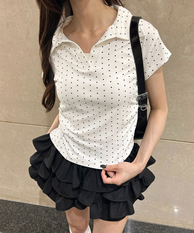 襟付きドットピチTシャツ/ホワイト モデル：157㎝ F着用