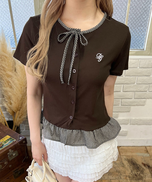 チェック配色リボンTシャツ/ブラウン モデル：160 F着用