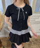 チェック配色リボンTシャツ/ブラック モデル：160 F着用
