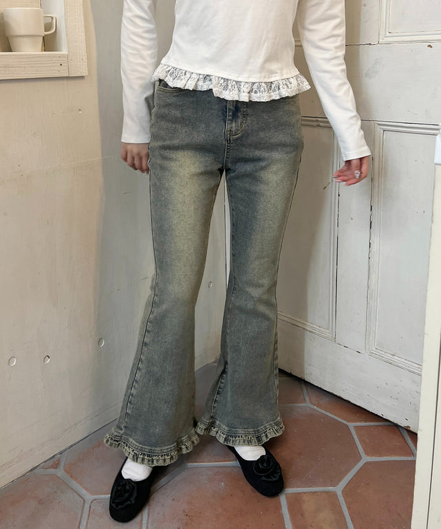 フリルデザインフレアパンツ/デニム モデル：160㎝ F着用
