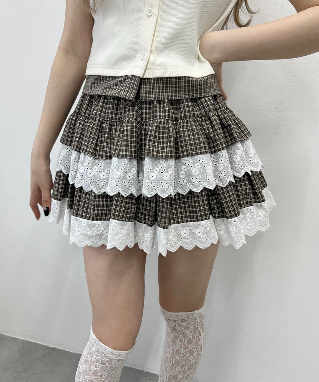 レースサンドチェックミニスカート/ブラウン モデル：160㎝ F着用