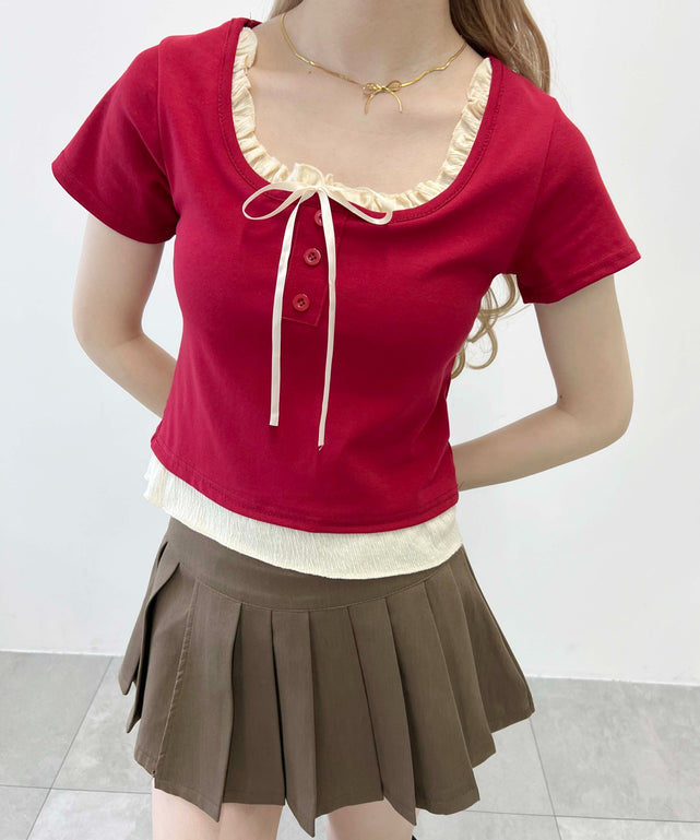 レイヤード風フロントリボンTシャツ/レッド モデル：160㎝ F着用