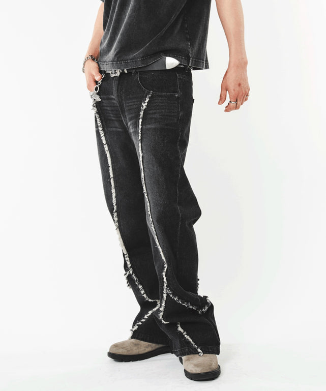 フリンジフレアデニムパンツ/デニムブラック　モデル：180㎝　L着用