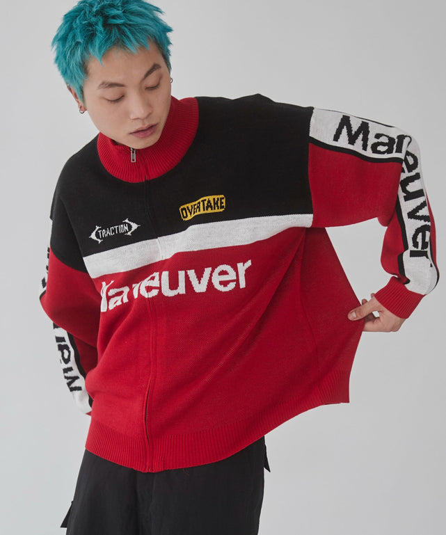 レーシンググラフィックニットブルゾン/レッド　モデル:178cm L着用