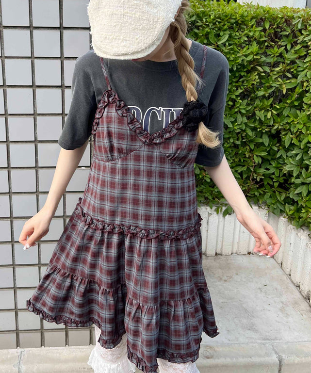 フリル切り替えチェックキャミワンピース/ワイン モデル：160㎝ F着用
