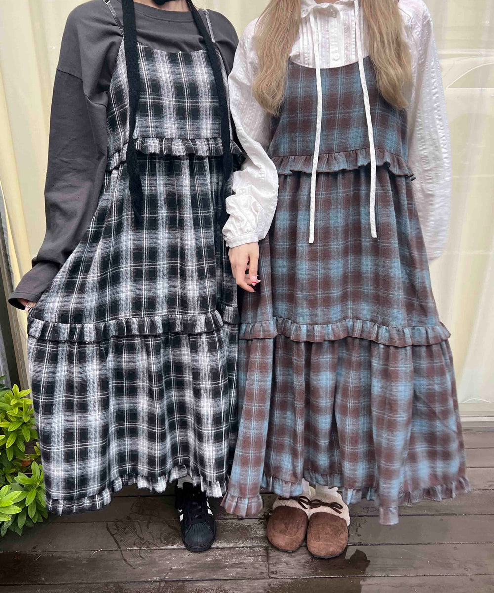 ネルチェックロングキャミワンピース