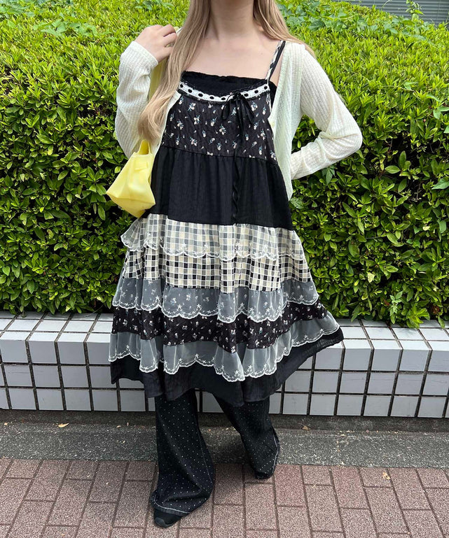 パッチワークキャミワンピース/ブラック モデル：160㎝ F着用