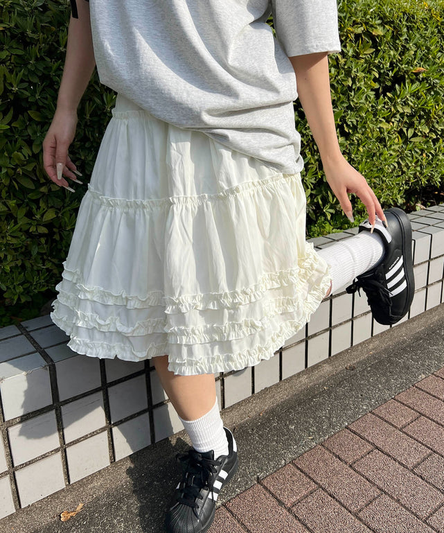 フリルミドルギャザースカート/イエロー モデル：155㎝ F着用